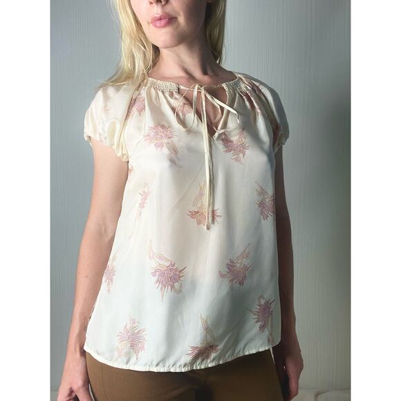 REBECCA TAYLOR Nora Silk Cap Sleeve Cream and Pink Floral Top US XSMALL - Picture 6 of 13